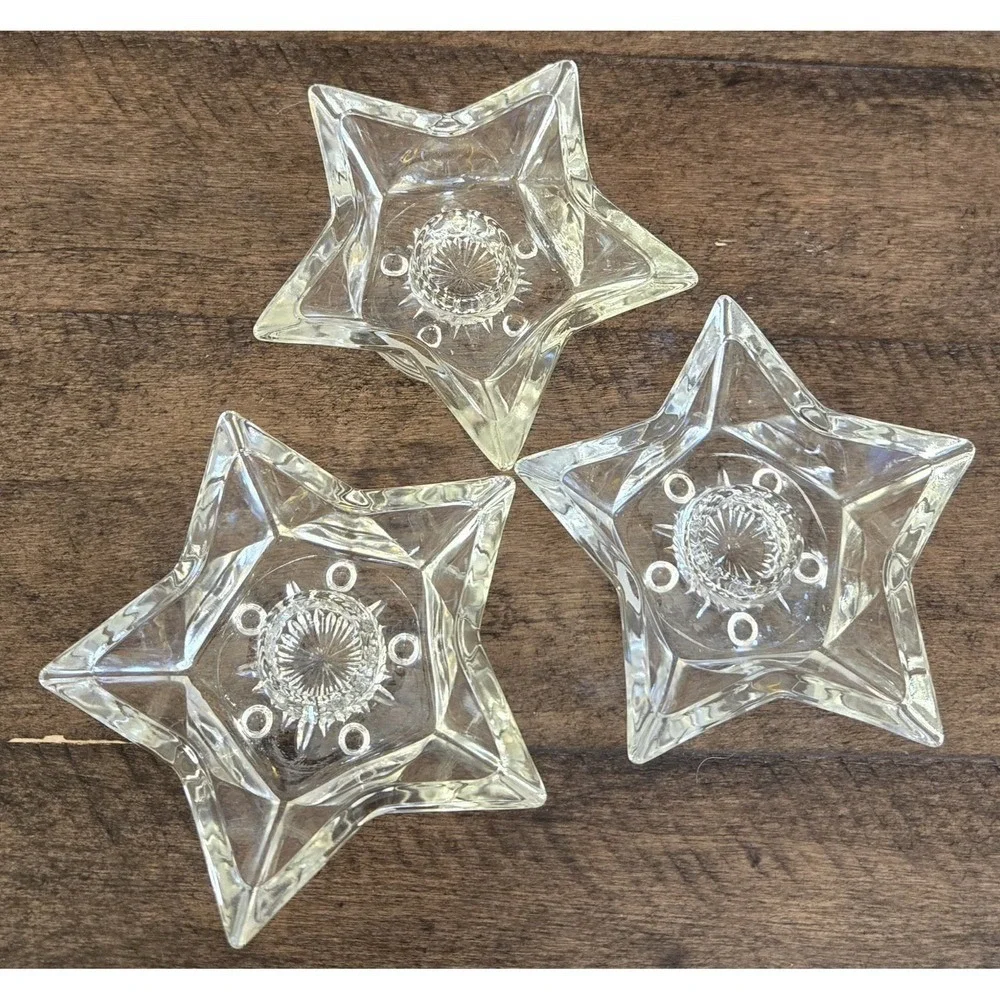 3 Stars-Holders For Tapered Candles Hazel Atlas 5 Point Pressed Clear Glass.